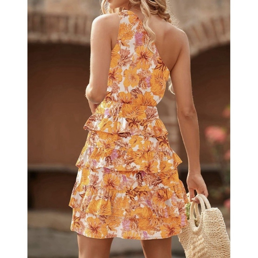 BTFBM One Shoulder Casual Summer Dress Floral Boho Ruffle Flowy Mini Dress L